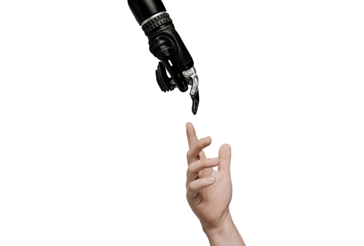 Een hand en een robot hand die elkaar bijna aanraken.