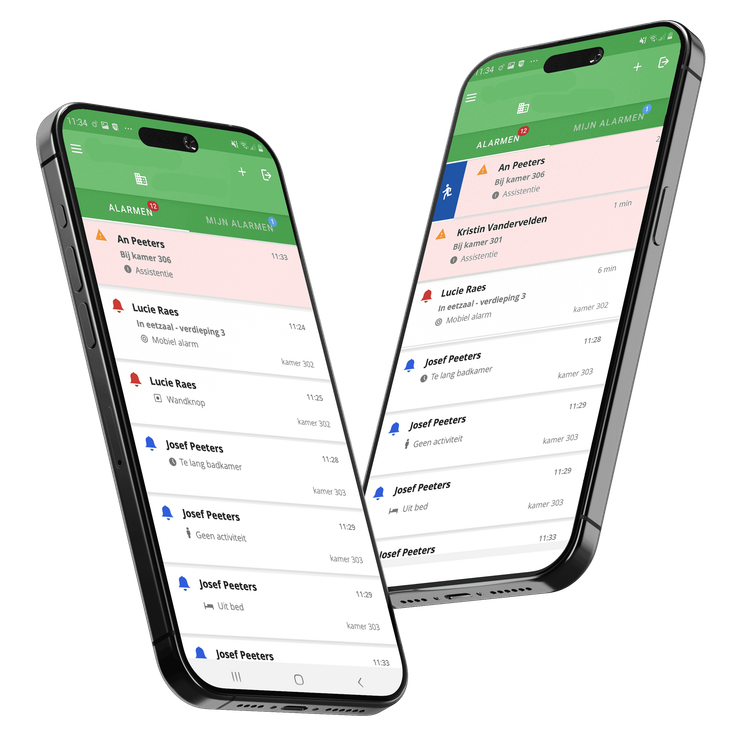 Twee gsm's met de CarefoonApp op afgebeeld.